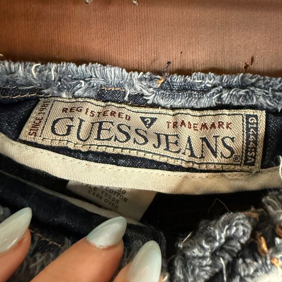 Y2K Vintage GUESS JEANS | Raw Edge Low Rise Knee Length Denim Jean Skirt | 30 - Picture 5 of 6